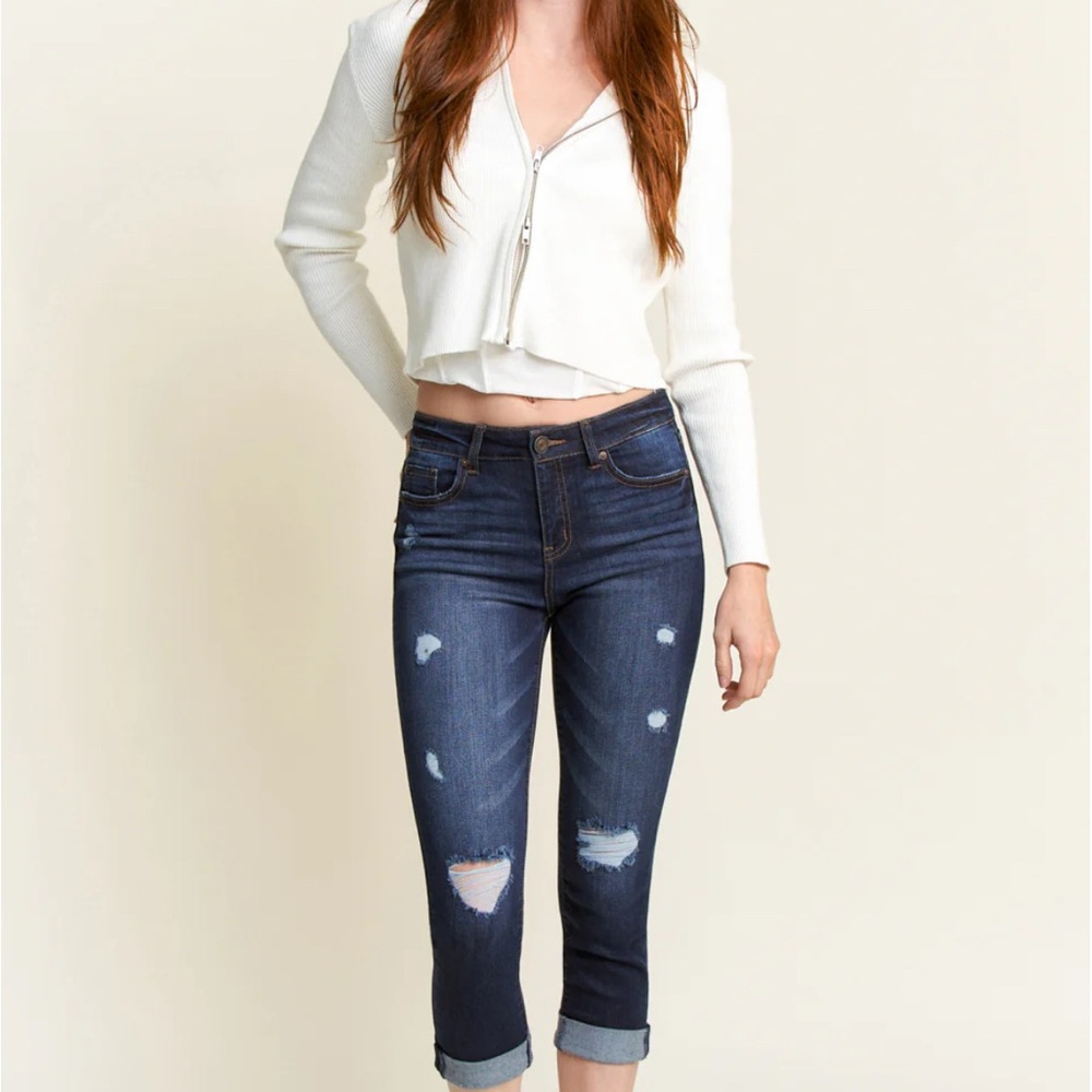 Women's Navy Distressed Cropped Jeans